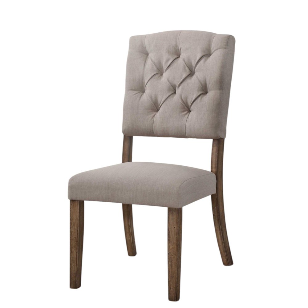 Set of Two Tufted Cream and Brown Upholstered Linen Open Back Dining Side Chairs