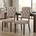 Set of Two Tufted Cream and Brown Upholstered Linen Open Back Dining Side Chairs