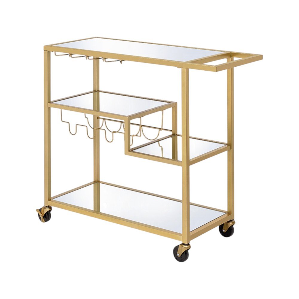 40" Clear and Gold Glass and Iron Rolling Prep Table. Kitchen cart isolated on a plain white background, in a gold glass finish.