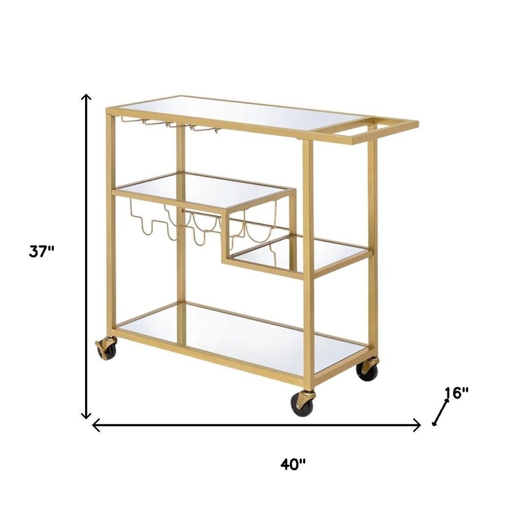 40" Clear and Gold Glass and Iron Rolling Prep Table. Kitchen cart isolated on a plain white background, showing a gold glass surface.