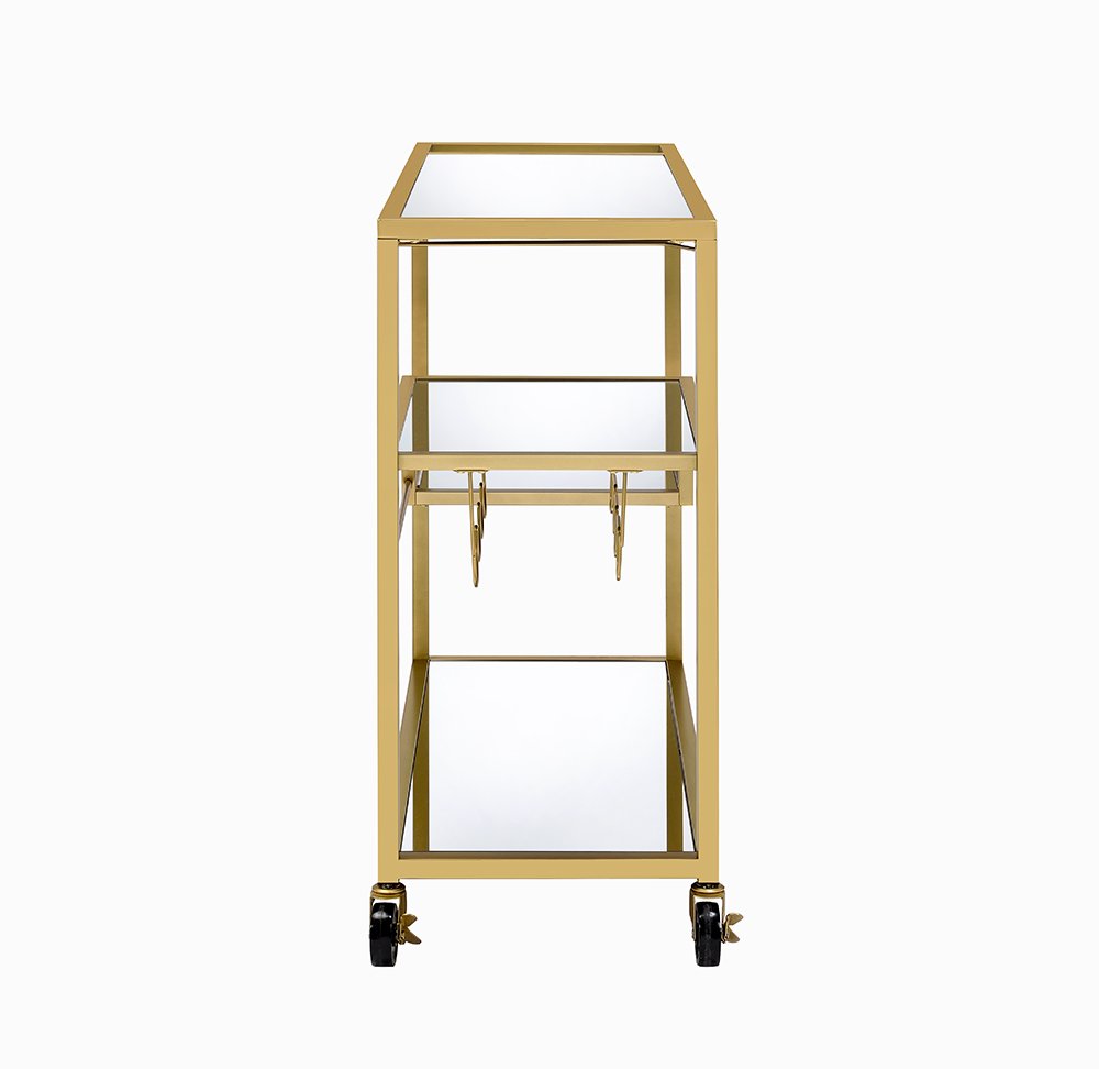 40" Clear and Gold Glass and Iron Rolling Prep Table. Kitchen cart isolated on a plain white background, showing a gold glass surface.