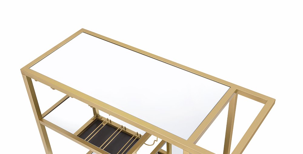 40" Clear and Gold Glass and Iron Rolling Prep Table. Kitchen cart isolated on a plain white background, in a gold glass finish.