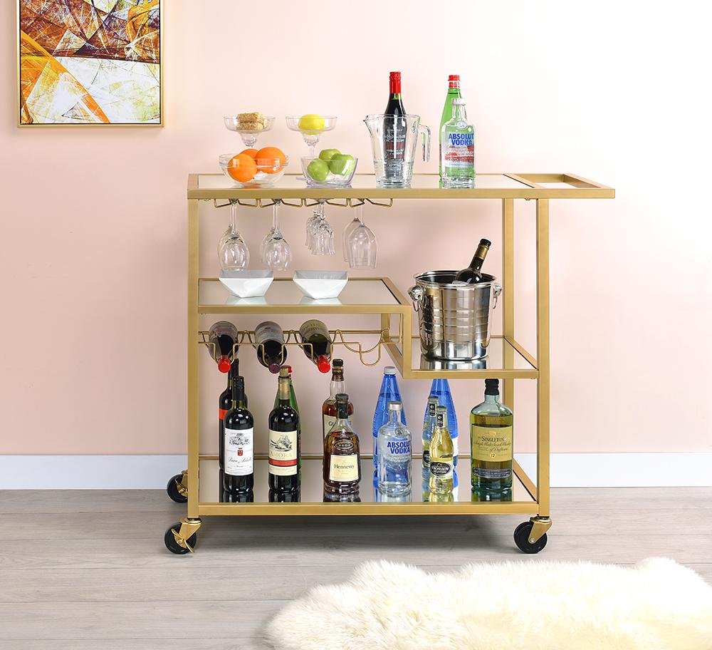 40" Clear and Gold Glass and Iron Rolling Prep Table. Kitchen cart in gold glass.
