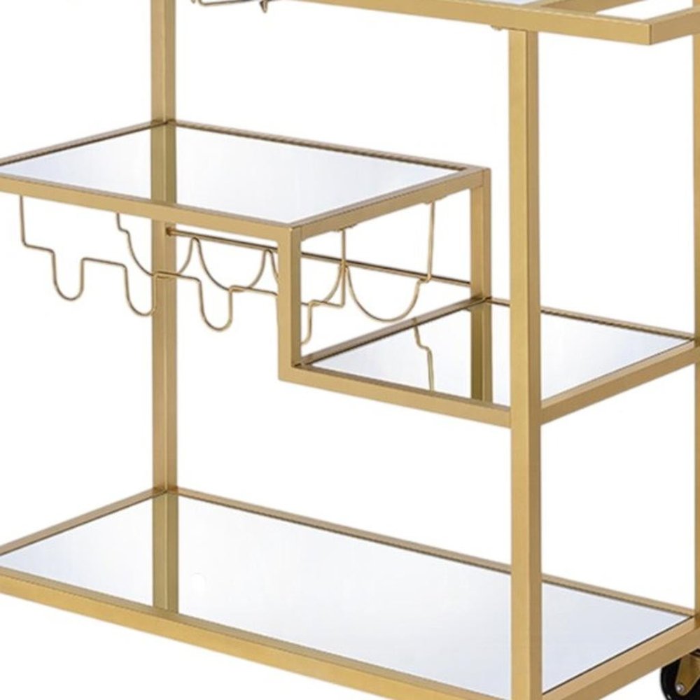 40" Clear and Gold Glass and Iron Rolling Prep Table. Kitchen cart isolated on a plain white background, showing a gold glass surface.