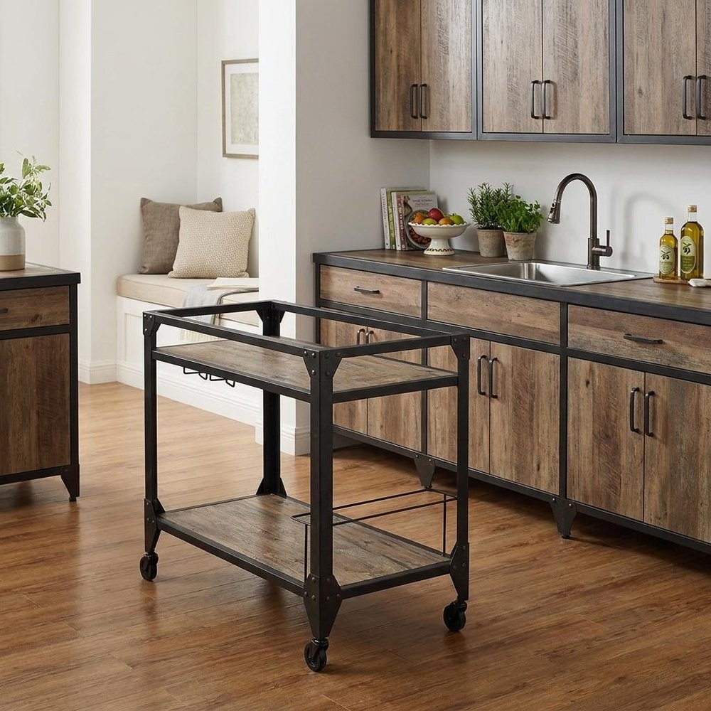 Black and Natural 32" Rolling Prep Table With Storage in a home interior