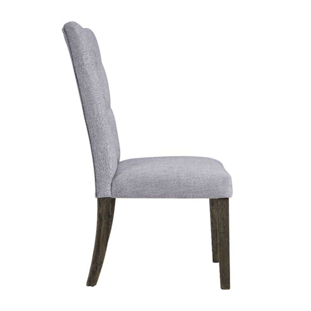 Set of Two Tufted Gray Upholstered Fabric Dining Side Chairs on a white background