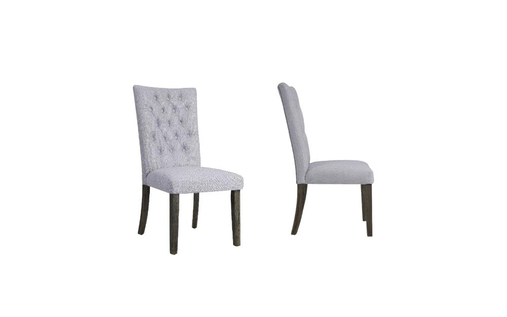 Set of Two Tufted Gray Upholstered Fabric Dining Side Chairs on a white background