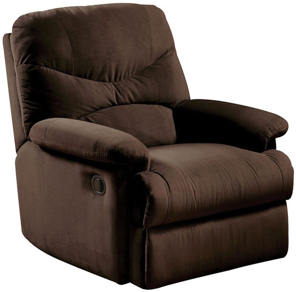 Brown microfiber recliner chair with padded arms and headrest, shown against a white background.