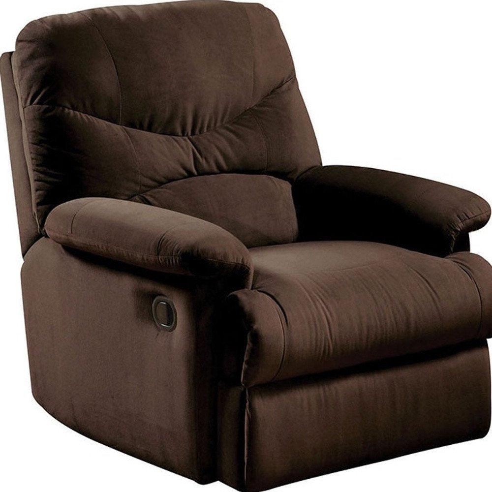 35" Chocolate Microfiber Recliner. Recliner isolated on a plain white background, showing its dark brown color.