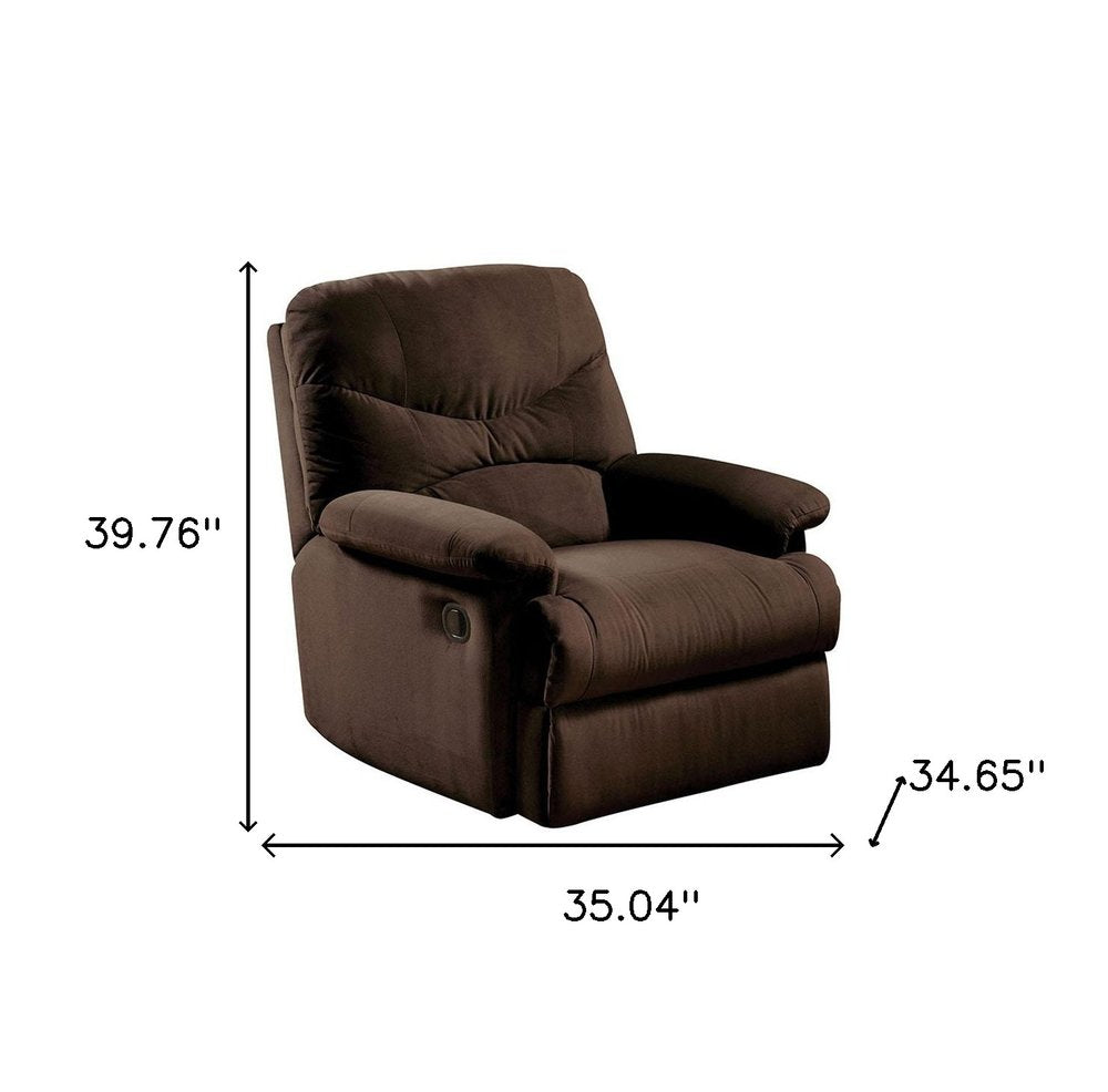 35" Chocolate Microfiber Recliner. Recliner isolated on a plain white background, showing its dark brown color.
