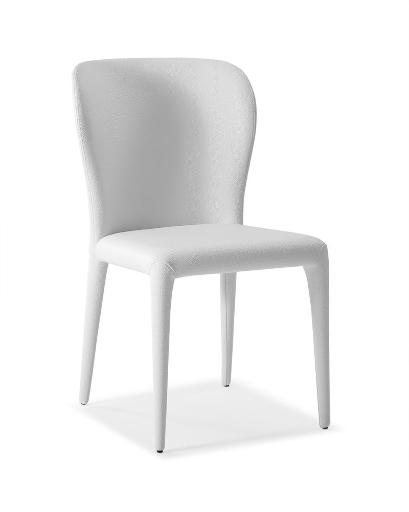White upholstered faux leather dining chair with a curved back and four legs, shown against a white background.