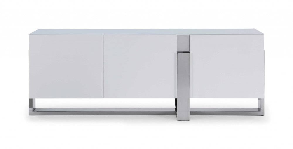 91" White Glass and Stainless Steel Frame Console Table on a white background