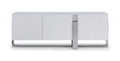 91" White Glass and Stainless Steel Frame Console Table on a white background