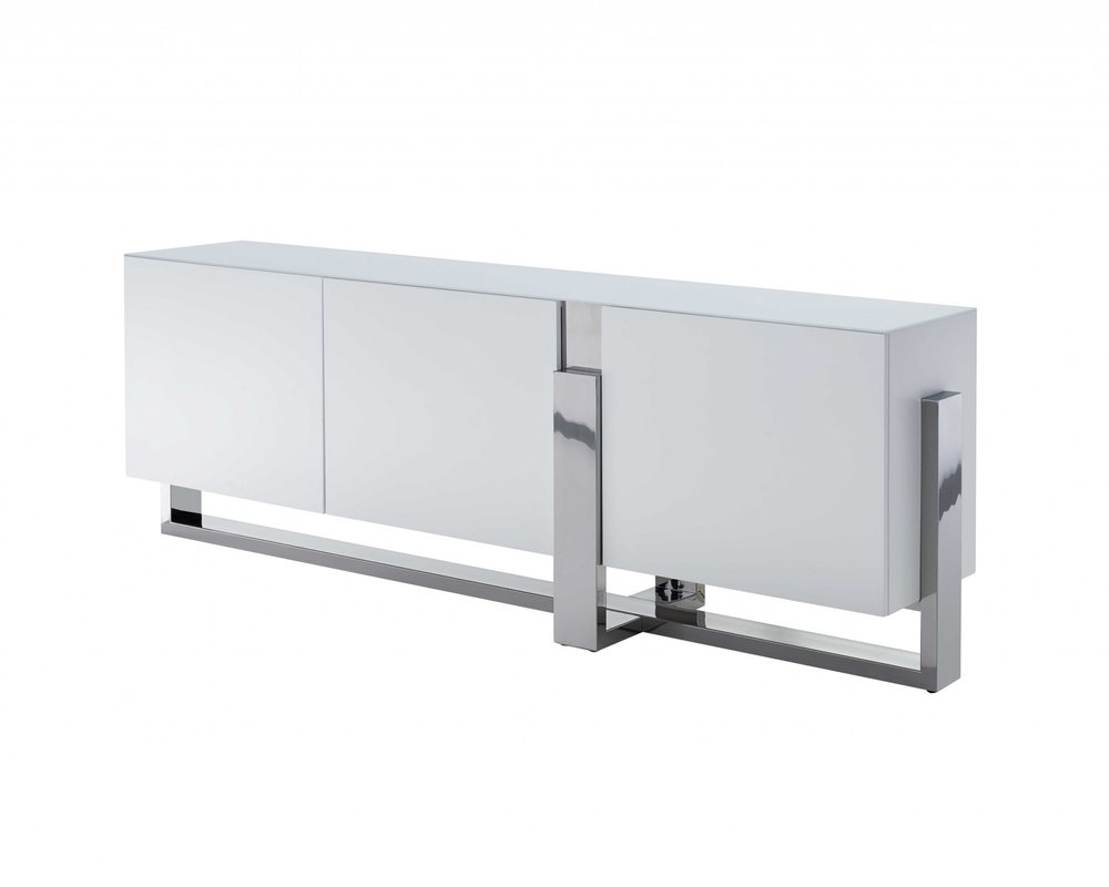 91" White Glass and Stainless Steel Frame Console Table on a white background