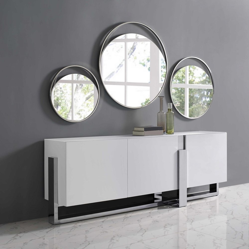 91" White Glass and Stainless Steel Frame Console Table in a home interior