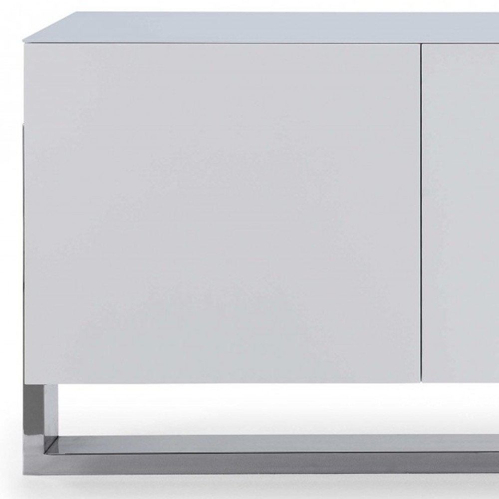 91" White Glass and Stainless Steel Frame Console Table close-up detail