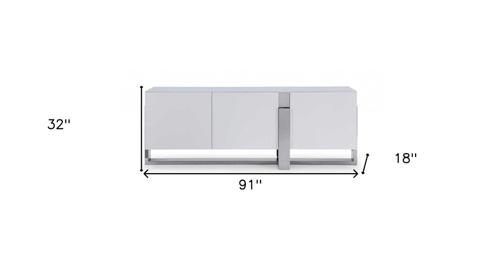 91" White Glass and Stainless Steel Frame Console Table on a white background