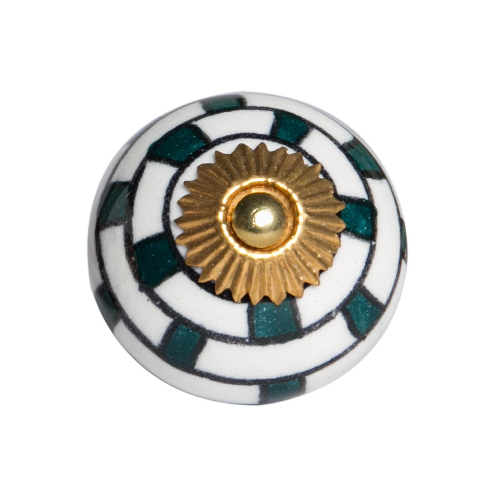 Set of Eight Green White And Gold Geometric Ceramic Drawer Pull Knobs