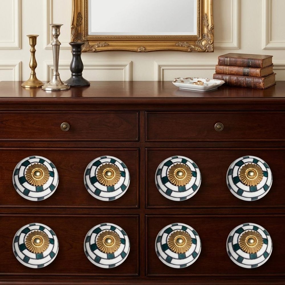 Set of Eight Green White And Gold Geometric Ceramic Drawer Pull Knobs