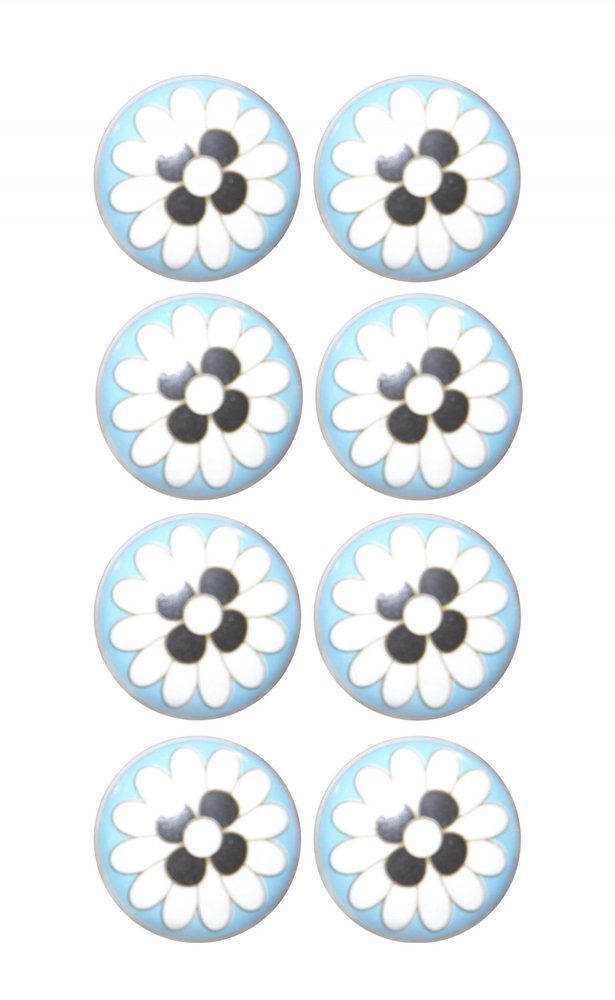Set of Eight Blue White And Black Floral Ceramic Drawer Pull Knobs