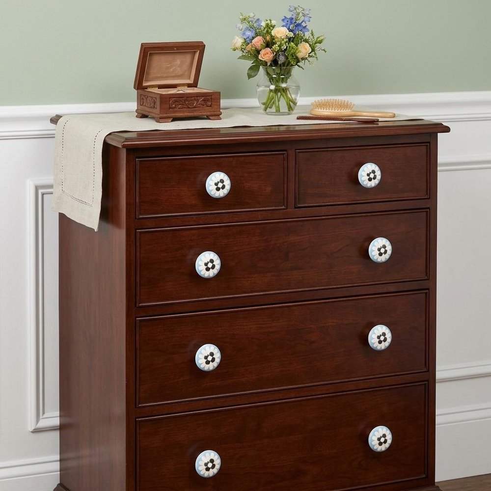 Set of Eight Blue White And Black Floral Ceramic Drawer Pull Knobs