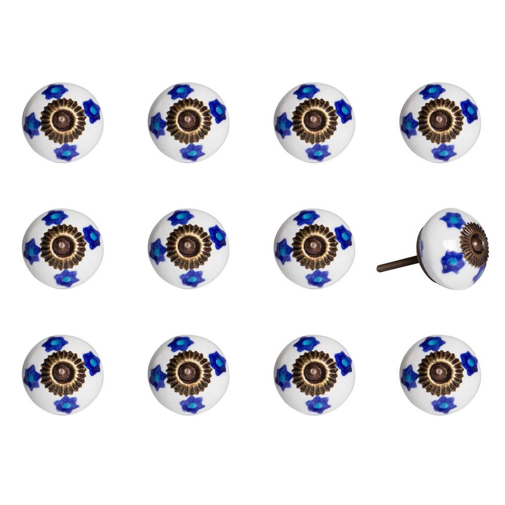 Set of twelve white ceramic drawer knobs with blue and turquoise floral patterns and a brass-toned center, on a white background.