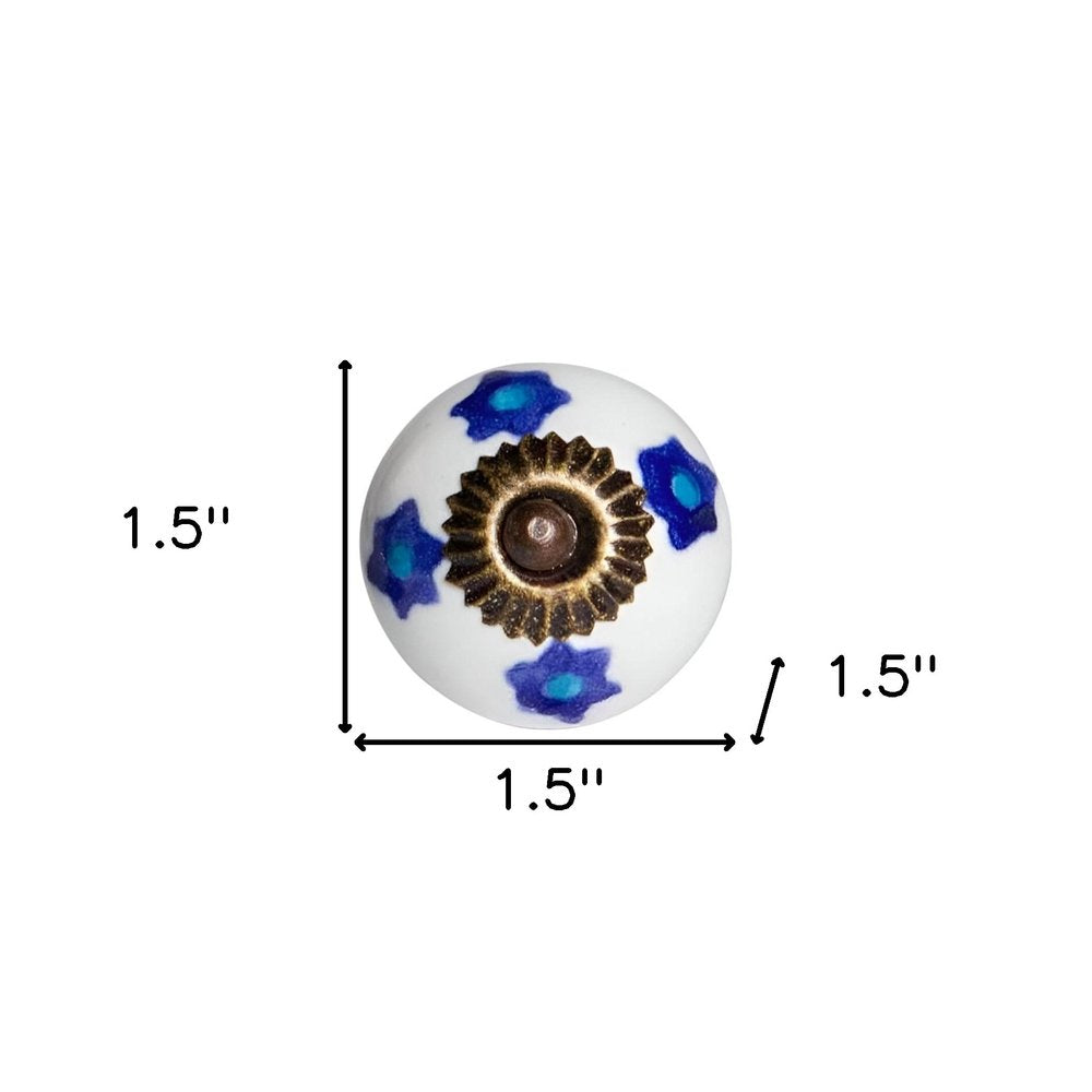 Set of Twelve Blue White And Turquoise Floral Ceramic Drawer Pull Knobs on a white background