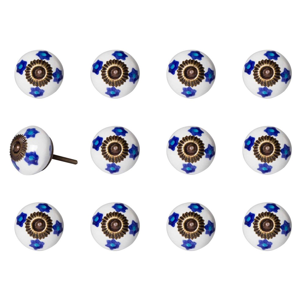 Set of Twelve Blue White And Turquoise Floral Ceramic Drawer Pull Knobs on a white background