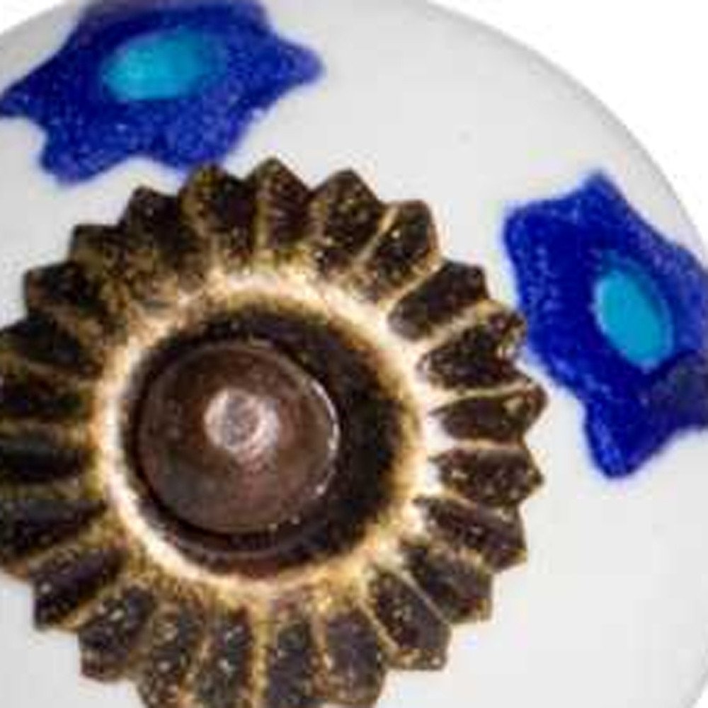 Set of Twelve Blue White And Turquoise Floral Ceramic Drawer Pull Knobs close-up detail