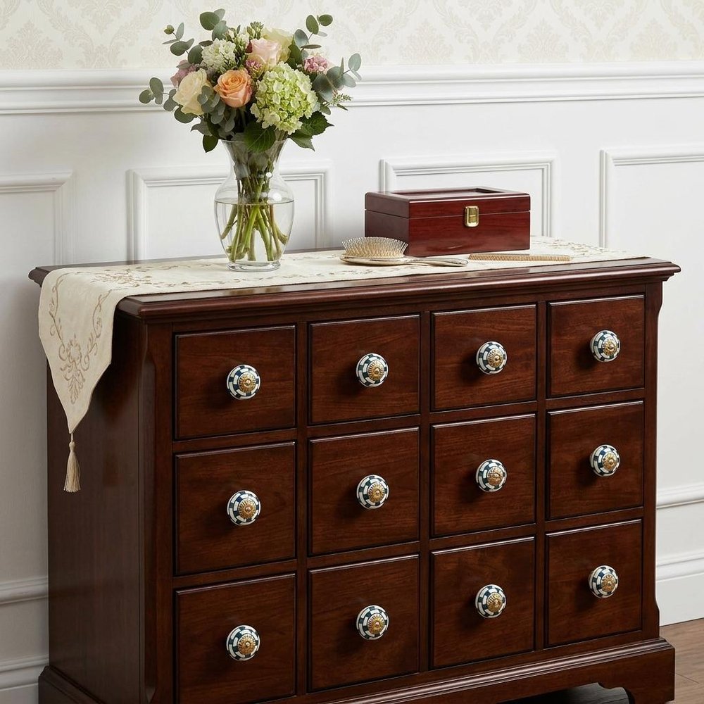 Set of Twelve White Teal And Gold Geometric Ceramic Drawer Pull Knobs in a home interior