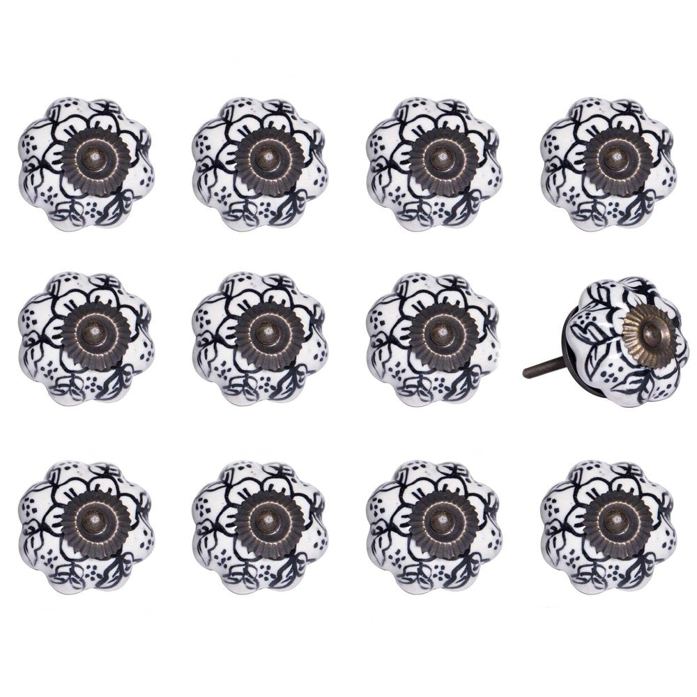Set of Twelve Black And White Floral Ceramic Drawer Pull Knobs