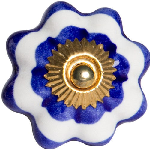 1.5" X 1.5" X 1.5" White Blue And Gold Knobs 12 Pack. Cabinet knobs isolated on a plain white background, in a white ceramic finish.