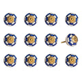 Set of Twelve Blue White And Gold Geometric Ceramic Drawer Pull Knobs on a white background