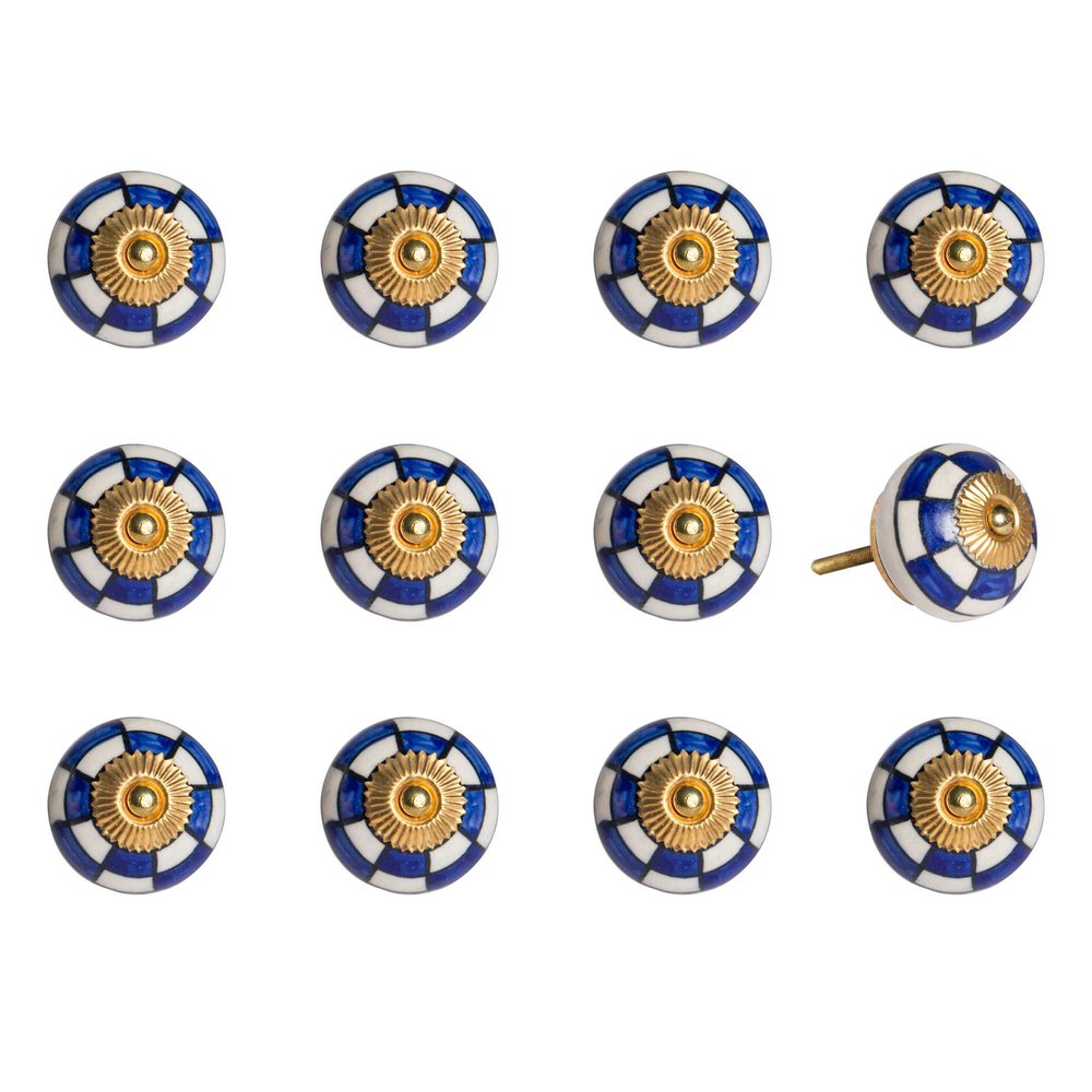 Twelve blue, white, and gold geometric ceramic drawer pull knobs on a white background.