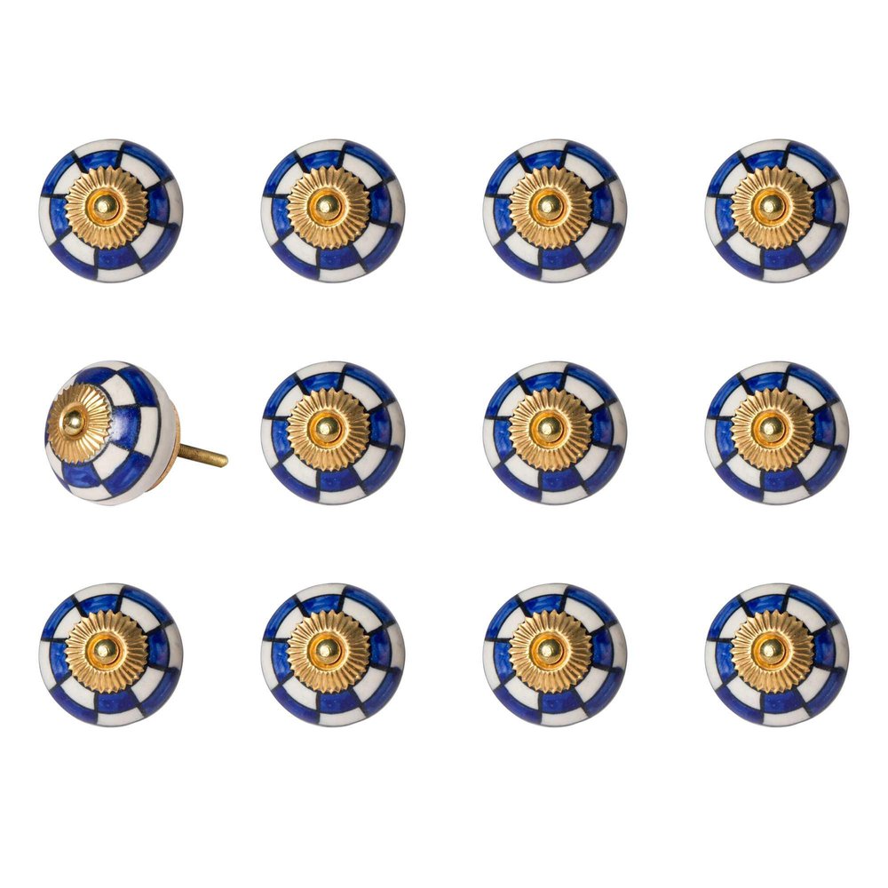 Set of Twelve Blue White And Gold Geometric Ceramic Drawer Pull Knobs
