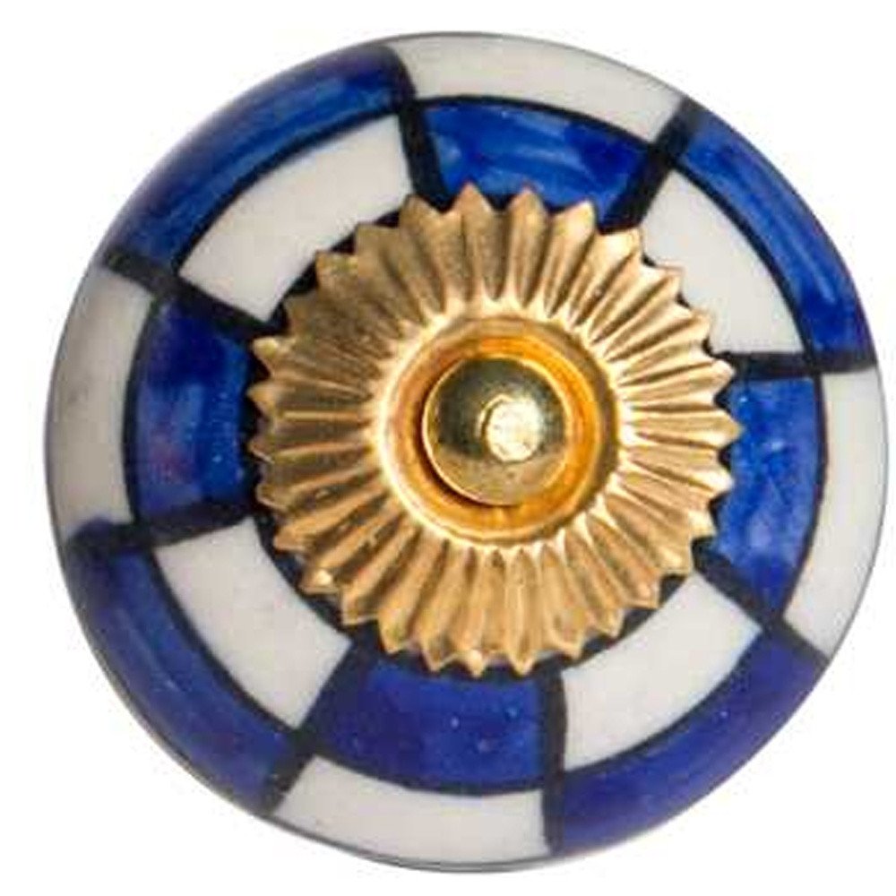 Set of Twelve Blue White And Gold Geometric Ceramic Drawer Pull Knobs on a white background