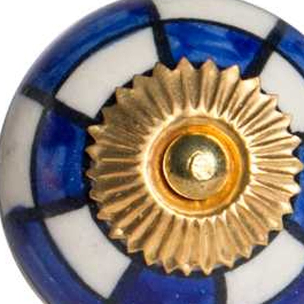 Set of Twelve Blue White And Gold Geometric Ceramic Drawer Pull Knobs close-up detail