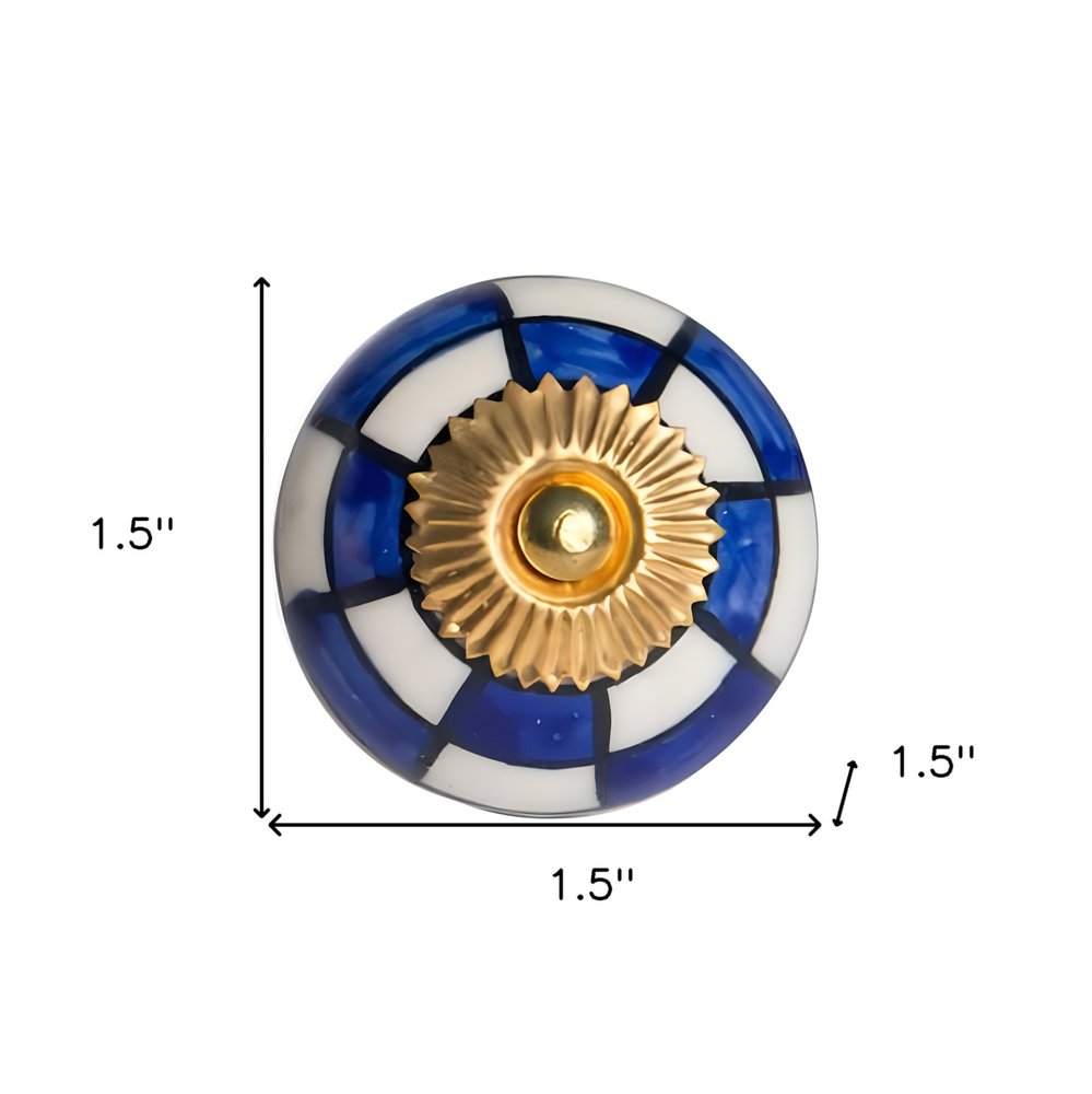 Set of Twelve Blue White And Gold Geometric Ceramic Drawer Pull Knobs on a white background