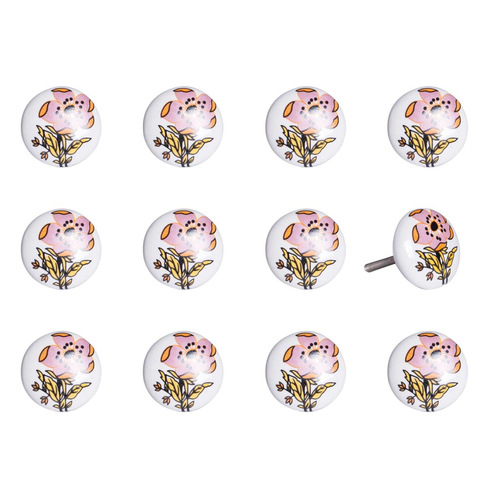 Twelve round ceramic drawer knobs with a pink and white floral design on a white background.