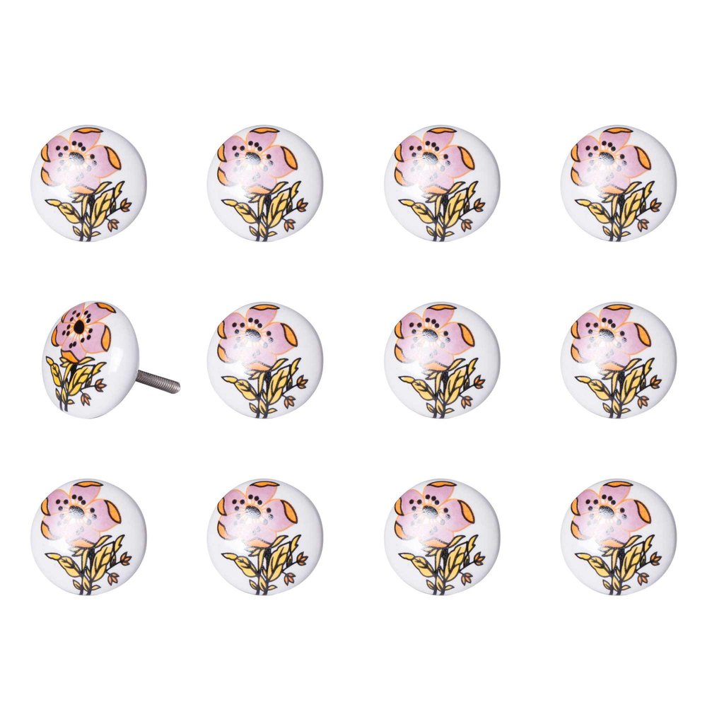 Set of Twelve Pink And White Floral Ceramic Drawer Pull Knobs on a white background