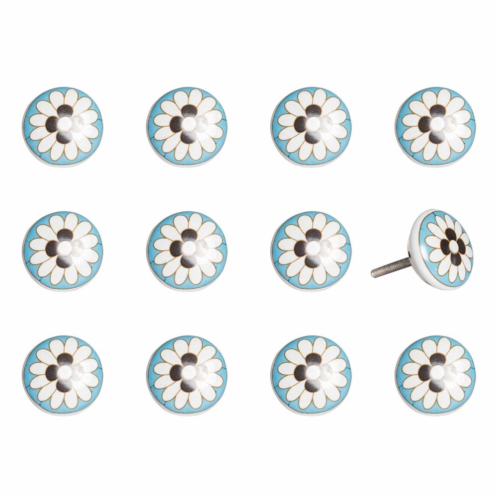 Set of Twelve White Teal And Gold Geometric Ceramic Drawer Pull Knobs on a white background