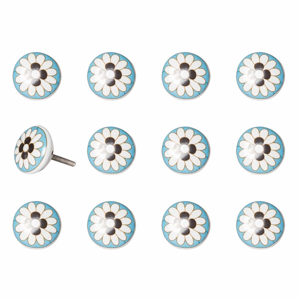 Set of Twelve White Teal And Gold Geometric Ceramic Drawer Pull Knobs on a white background
