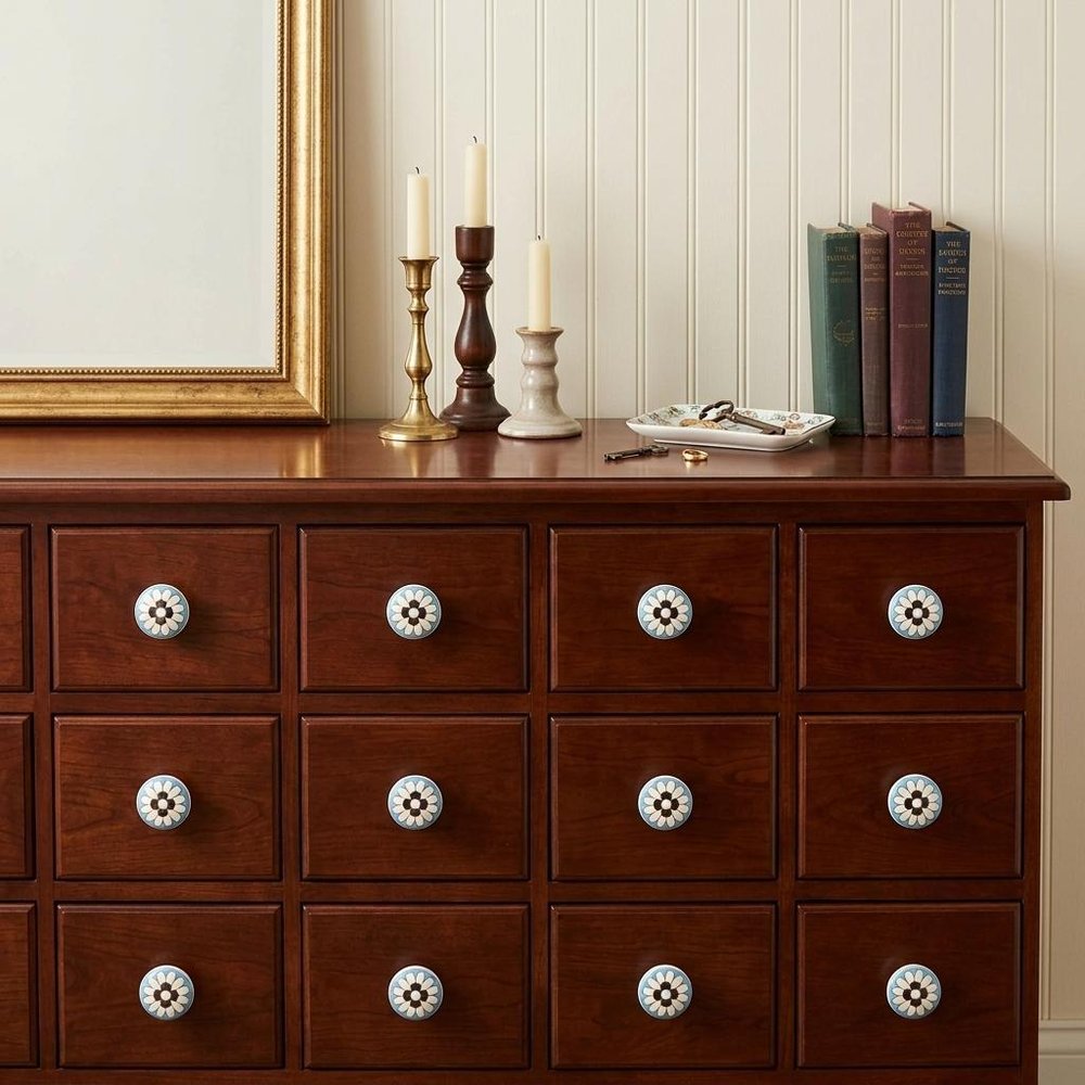 Set of Twelve White Teal And Gold Geometric Ceramic Drawer Pull Knobs