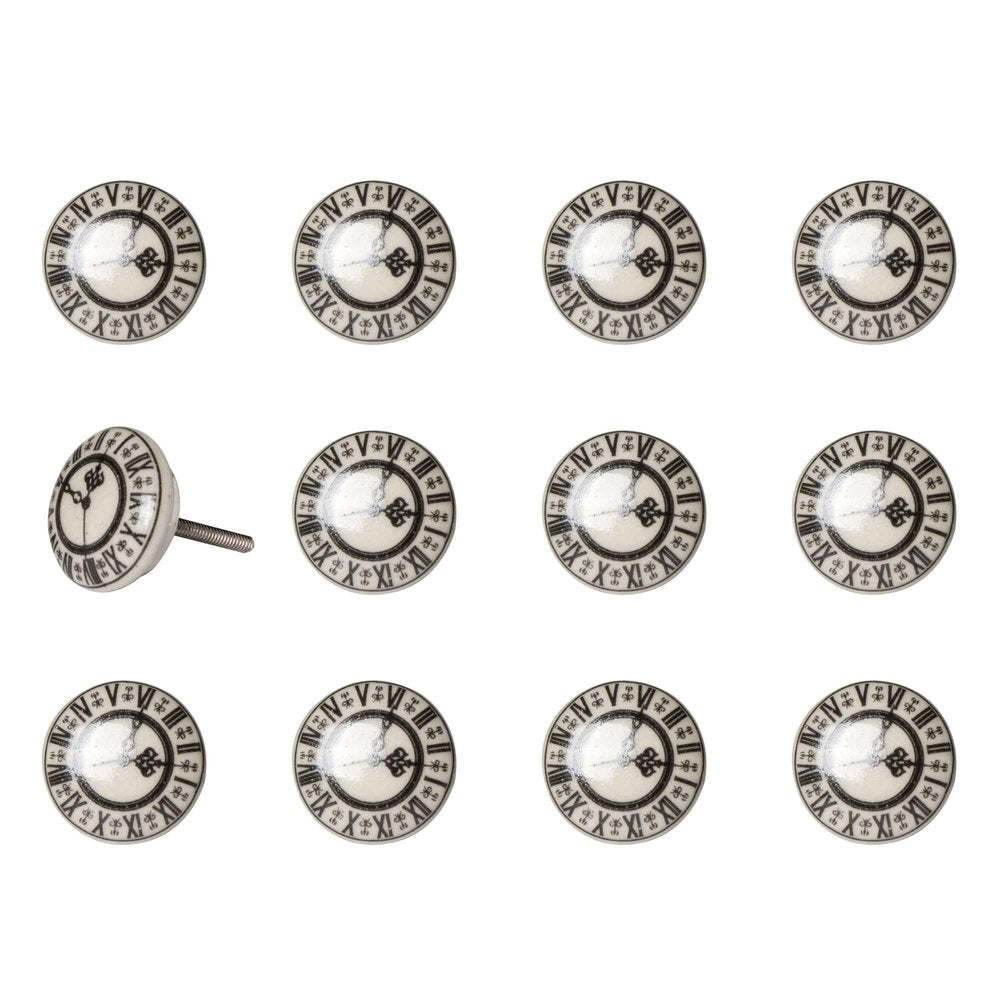 Set of Twelve Black And Gray Clock Face Ceramic Drawer Pull Knobs