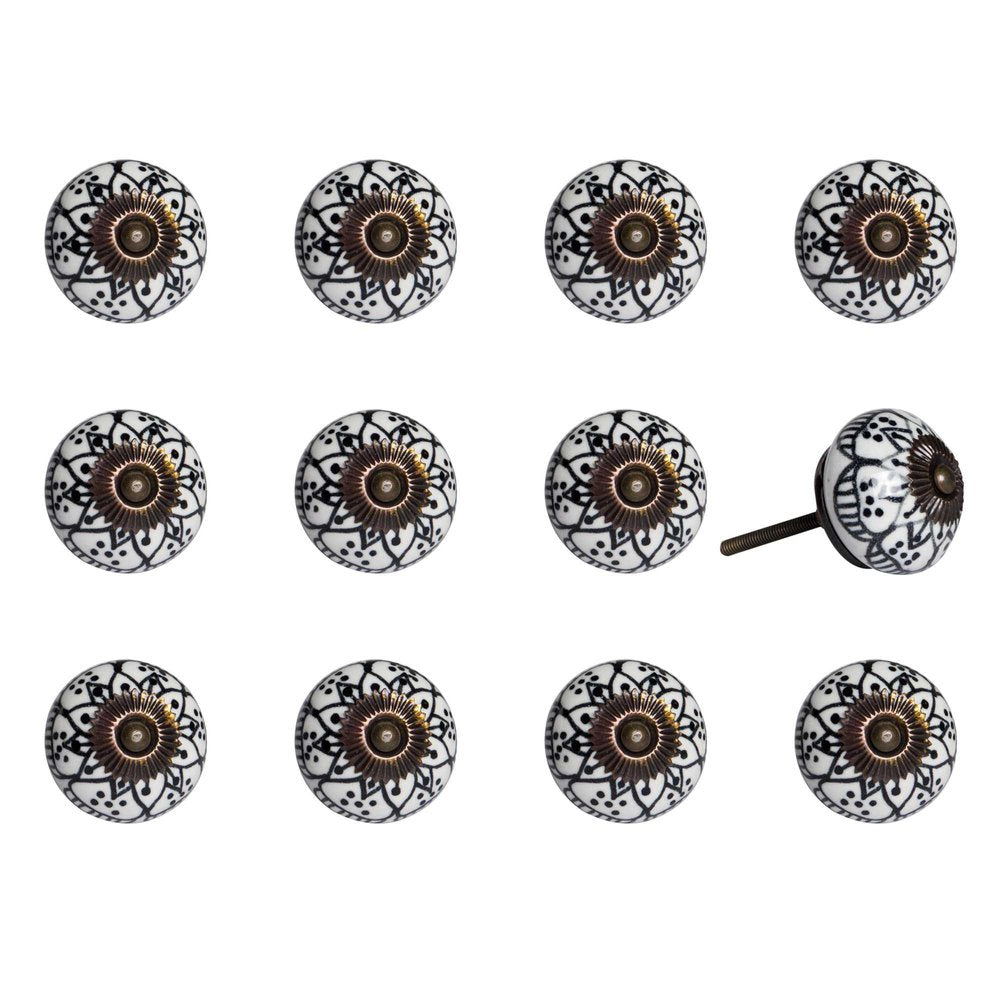 Set of Twelve Black And White Floral Ceramic Drawer Pull Knobs