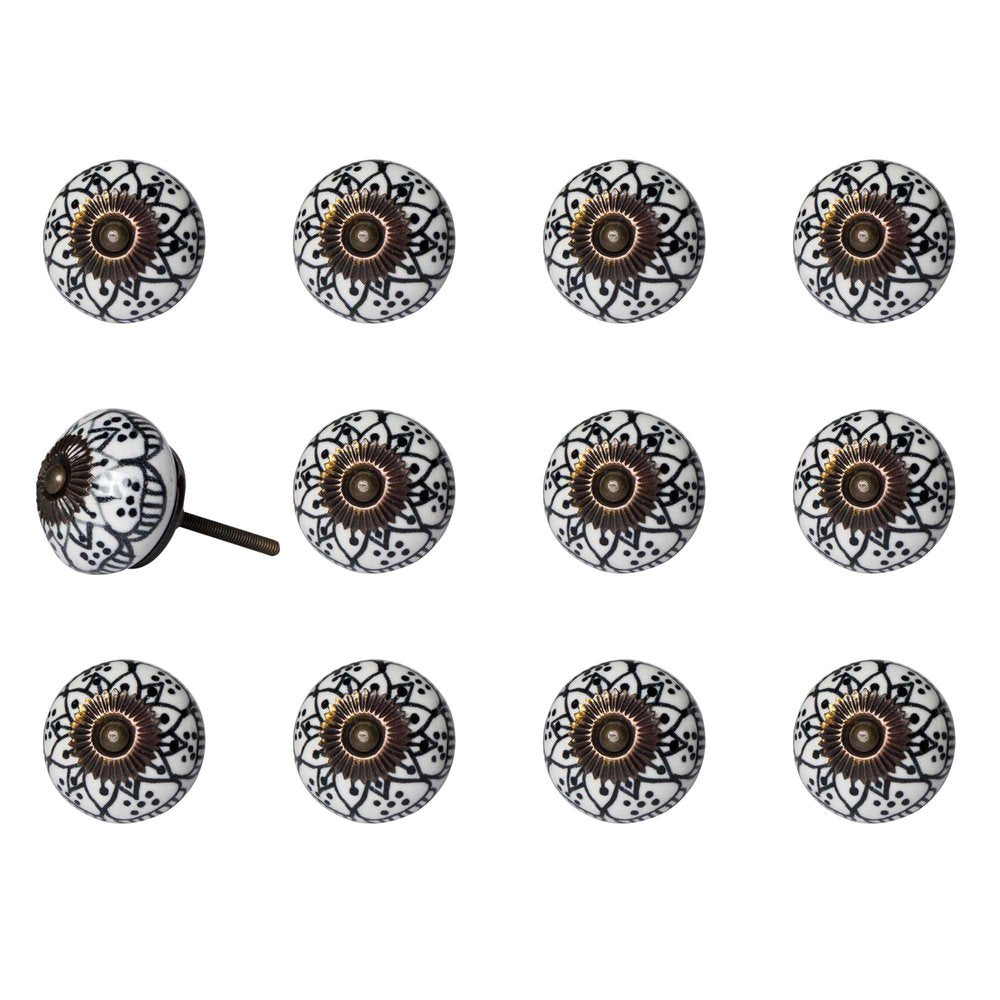 Set of Twelve Black And White Floral Ceramic Drawer Pull Knobs
