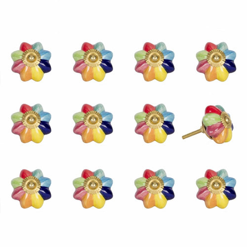 Twelve colorful ceramic flower-shaped drawer knobs with gold centers on a white background.