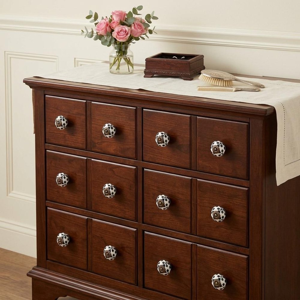 Set of Twelve Black White And Copper Ceramic Geometric Drawer Pull Knobs