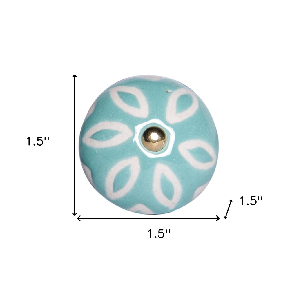 Set of Twelve Aqua And White Geometric Ceramic Drawer Pull Knobs