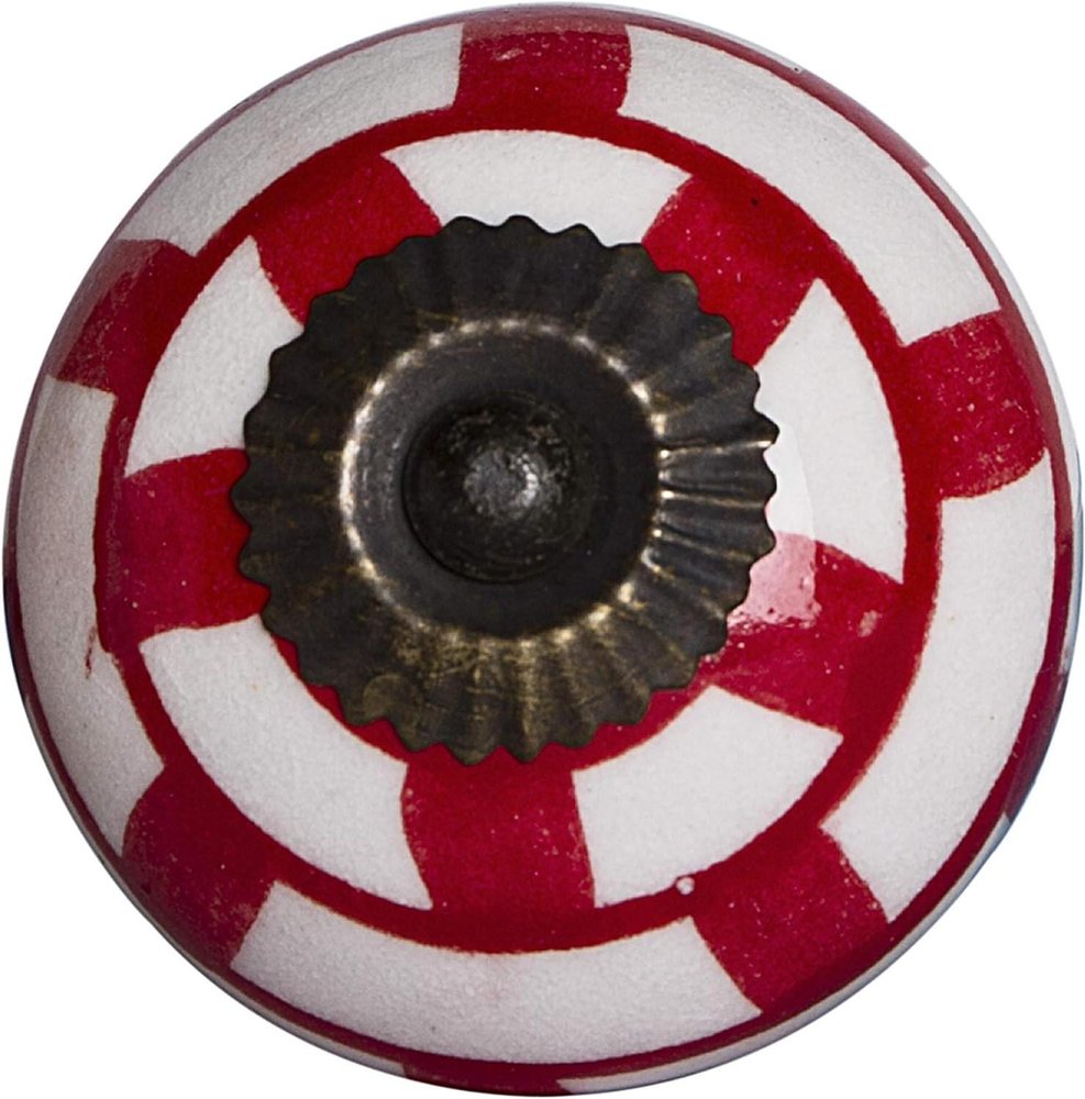Set of Twelve Red And White Geometric Ceramic Drawer Pull Knobs on a white background